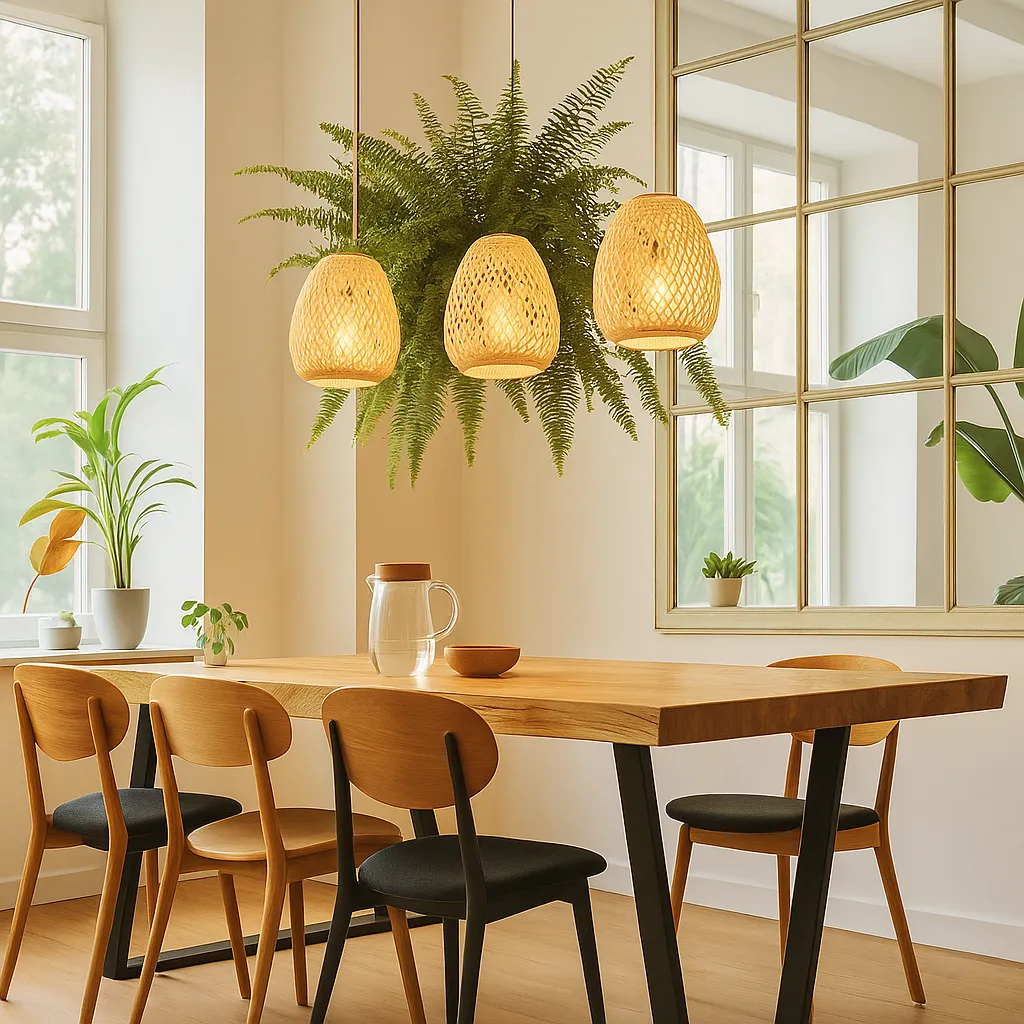 Handmade rattan pendant lamps hanging above a wooden dining table with green indoor plants in a modern dining room