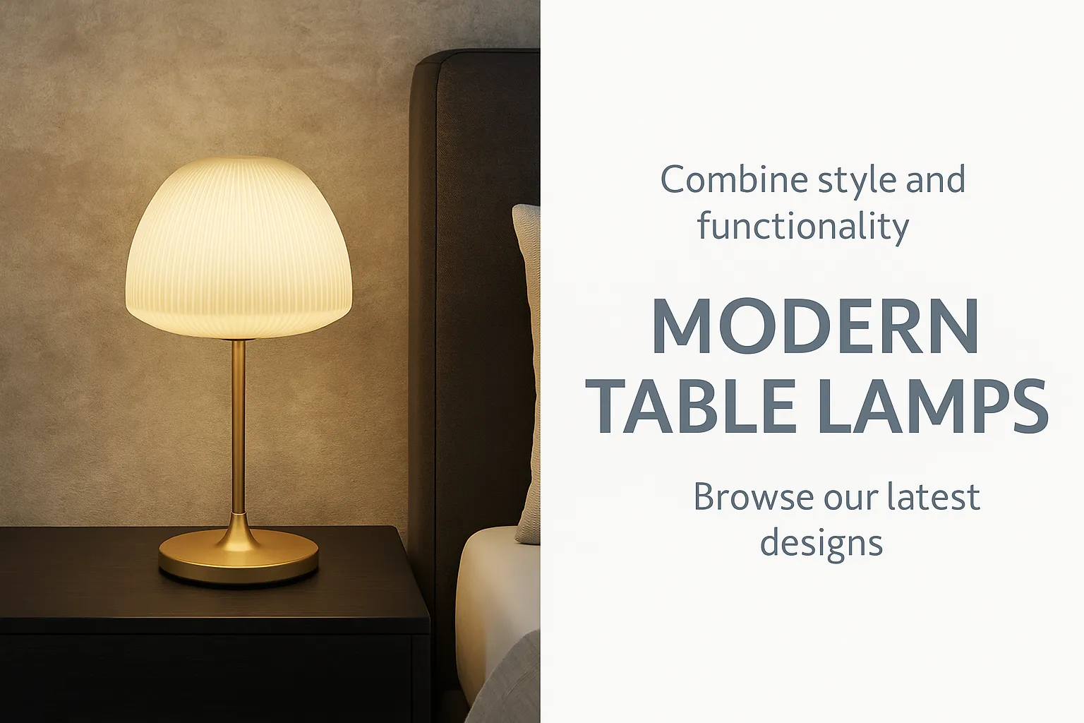 Modern table lamp with golden base and pleated shade on a black bedside table in a cozy bedroom